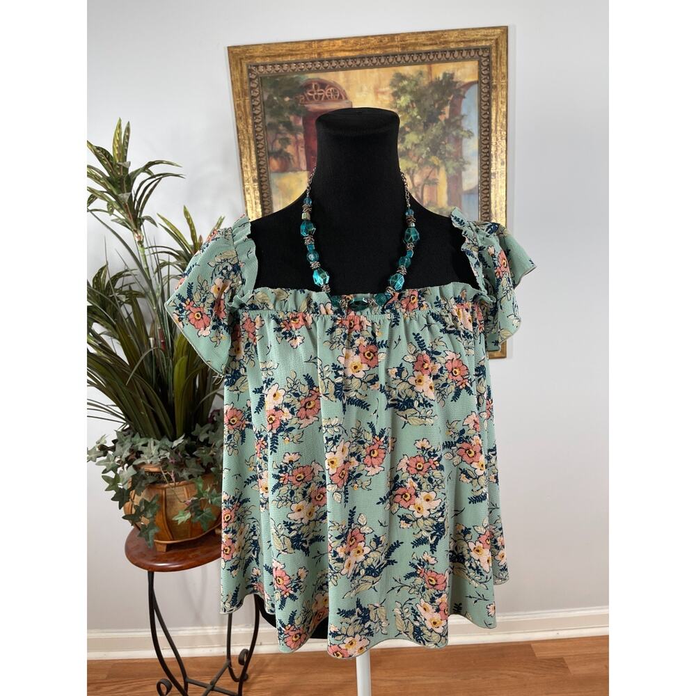 Love Spell Blouse Top Women's M Seafoam Green Floral Print Square Neck Boho Chic